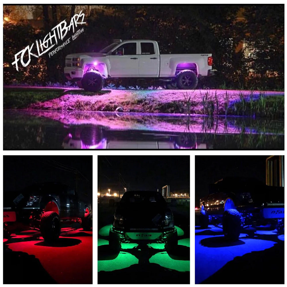 Pickup illuminating the ground with multicolor RGB rock lights at night