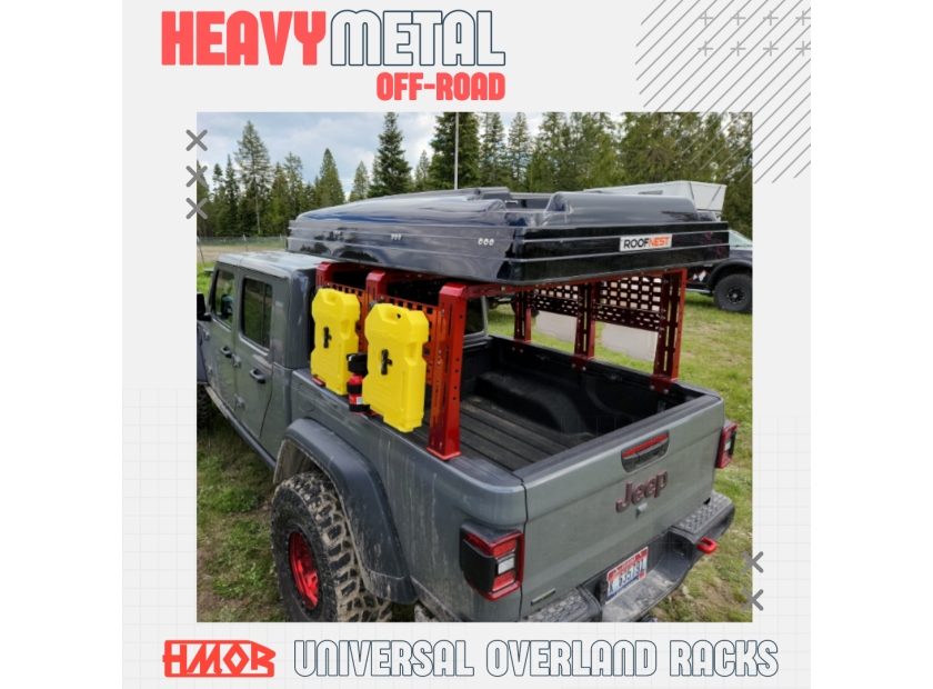 Heavy Metal Off-Road overland rack graphic with a gray Jeep Gladiator and mounted fuel cans