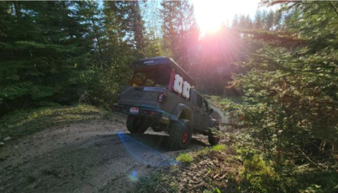 Black pickup with a bed rack on a sunlit forest trail