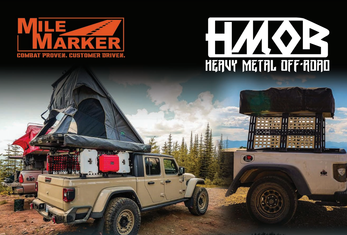 Mile Marker and Heavy Metal Off-Road graphic with two outfitted trucks and rooftop tents