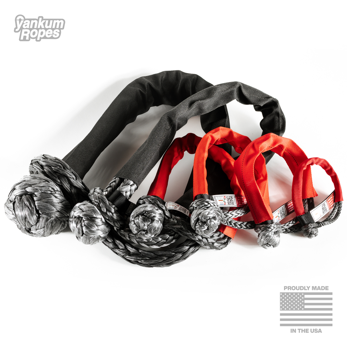 Group of braided soft shackles with red and black protective sleeves