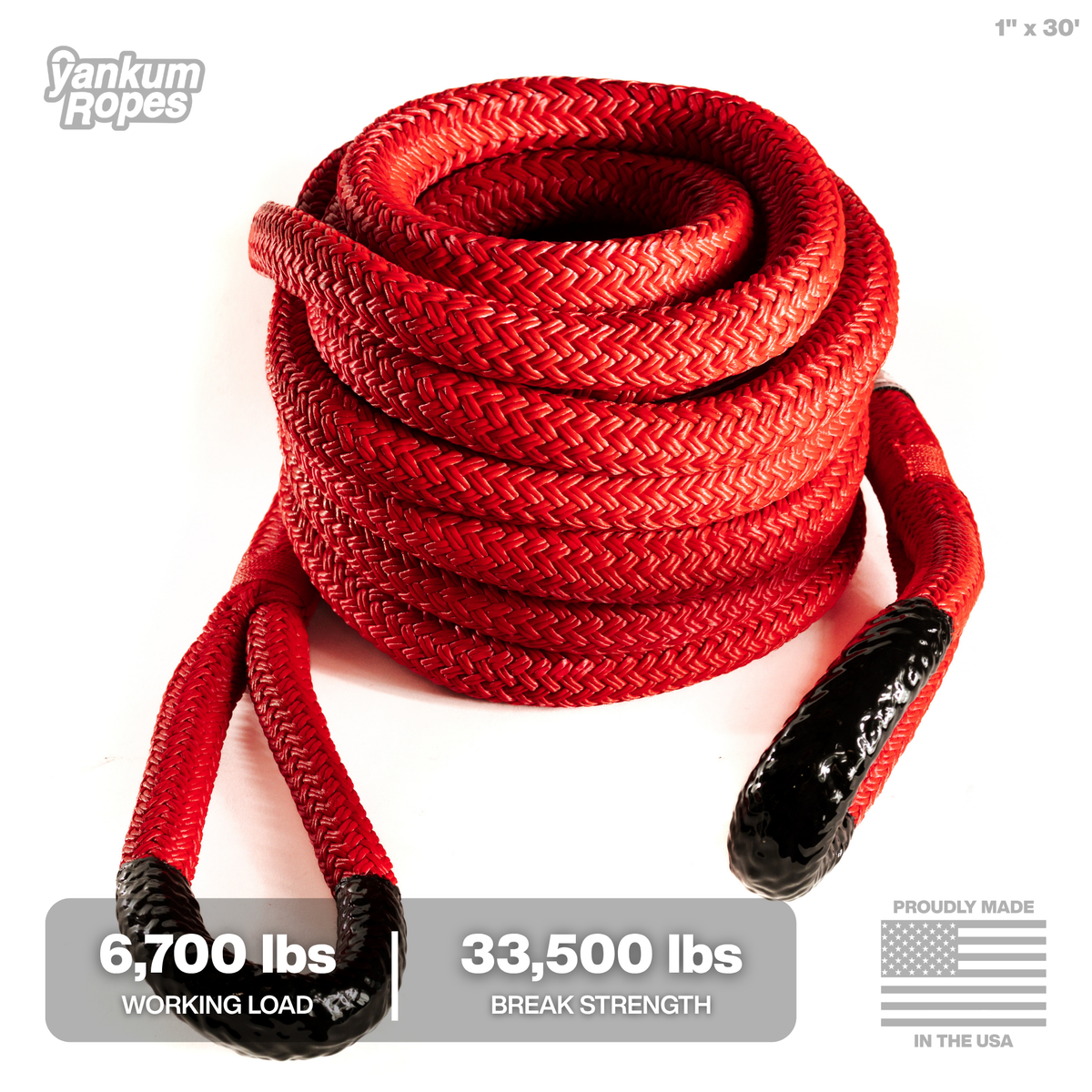 Yankum Ropes 1-inch by 30-foot red kinetic recovery rope, coiled on a white background with looped end visible