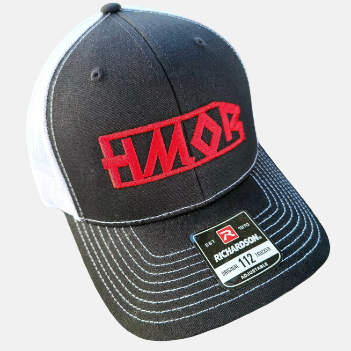 HMOR Curved Bill Trucker Hat black with white mesh and red logo