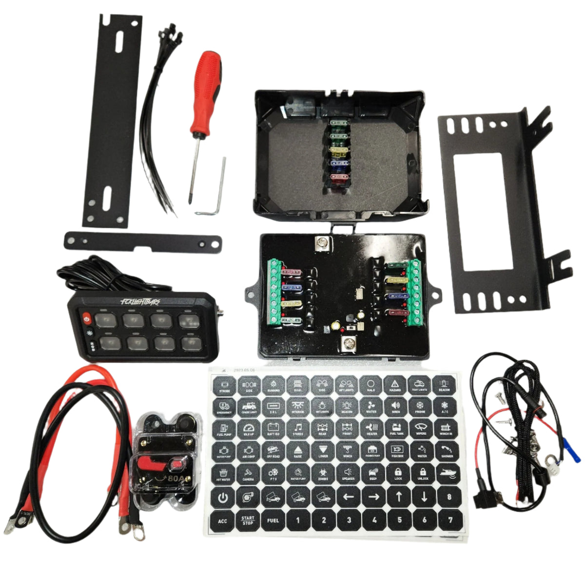 Eight-gang switch panel kit with controller, wiring, and power distribution box