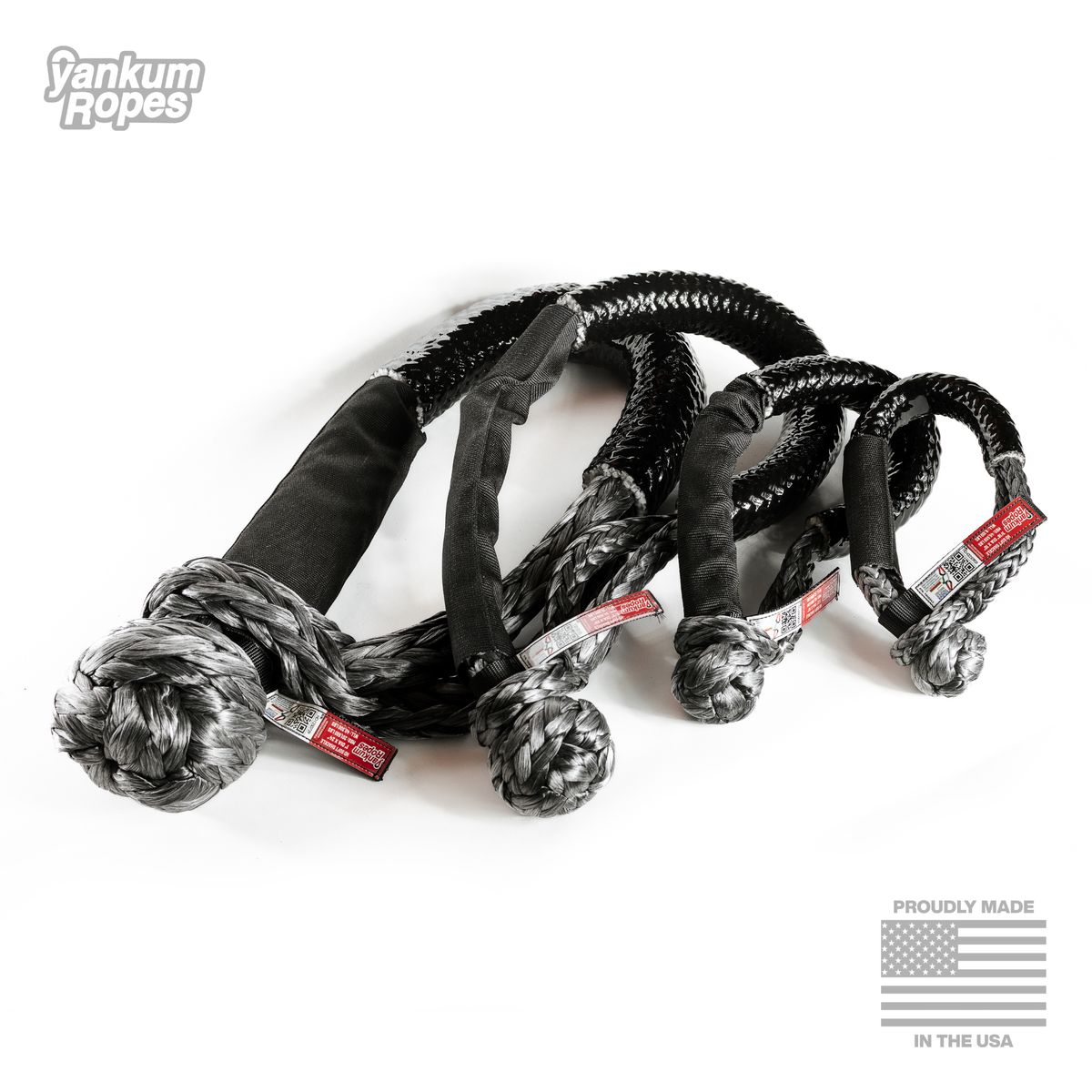 Group of heavy-duty braided soft shackles with protective sleeves