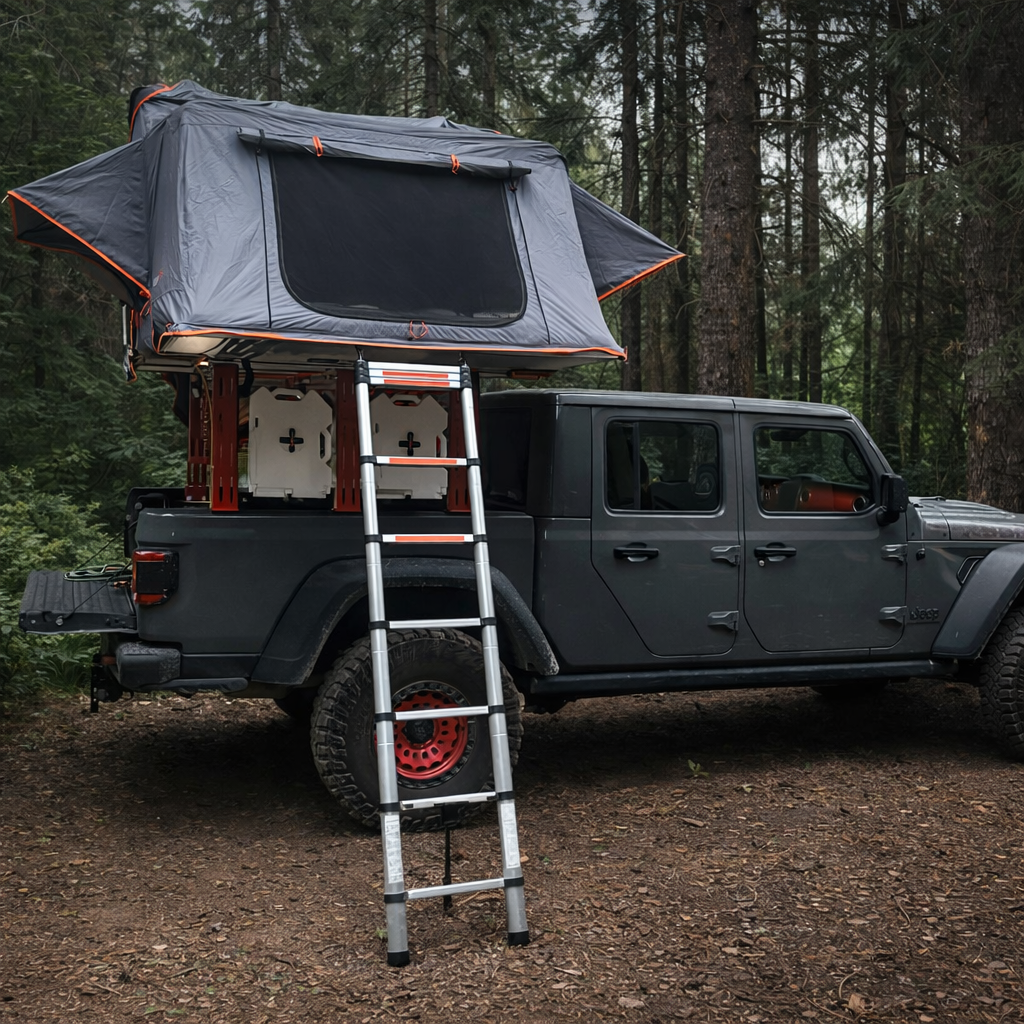 2020-2026 Jeep Gladiator ROCK-IT Rack 24 Inch with open rooftop tent, side view HMOR