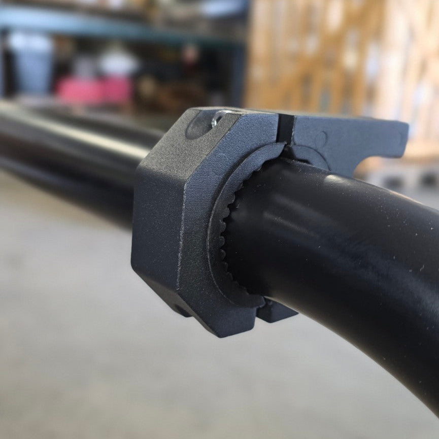 HMOR bolt-on round tube accessory mount showing tube insert and clamp fit