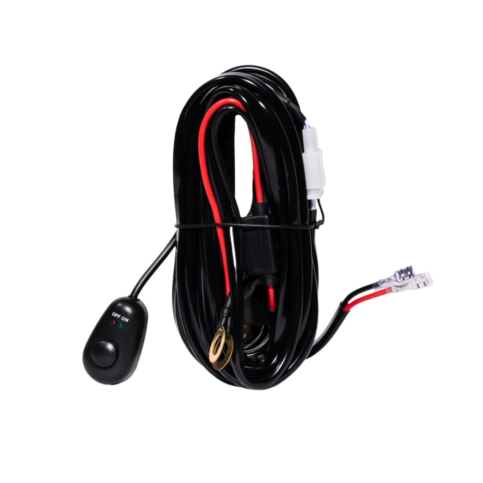 Single light wiring harness with switch, connector, and coiled cable