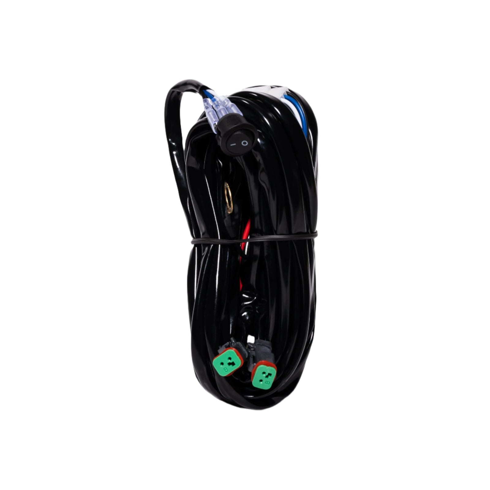 Dual light wiring harness with two connectors, switch, and coiled cables